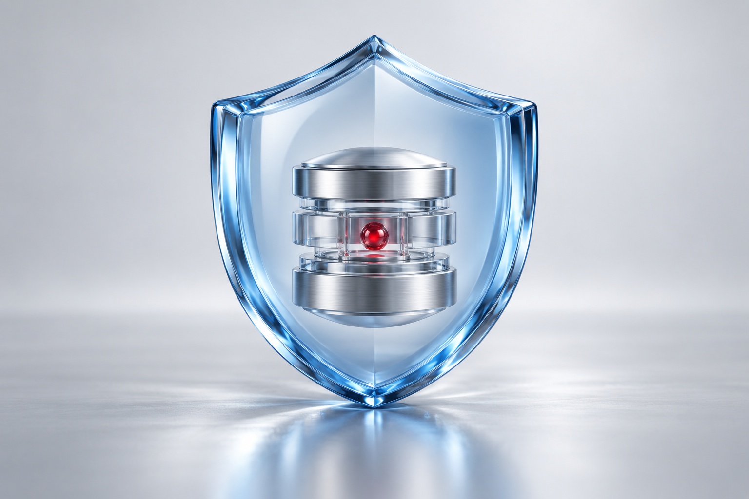 Escudo de cristal azul que protege una base de datos